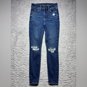 American Eagle Jeans Womens 2 Hi Rise Jegging Stretch Dark Wash Distressed Holes